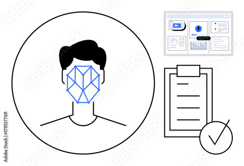 Human face with geometric recognition grid, data dashboard, and checklist with checkmark. Ideal for technology, biometrics, identity, security, AI analysis and digital monitoring. Simple flat