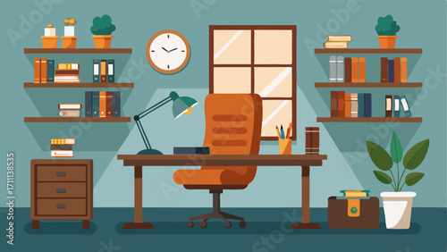 A home office with a large wooden desk a comfortable leather chair and industrial style shelves holding books and decor.