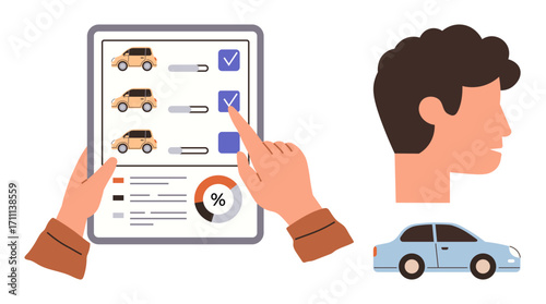 Hands interacting with a checklist of car options on a tablet with a profile head and a blue car. Ideal for decision-making, preferences, comparison, automobile, digital apps, user interface, simple