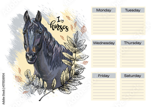 Black close up horse with leaves school schedule vector