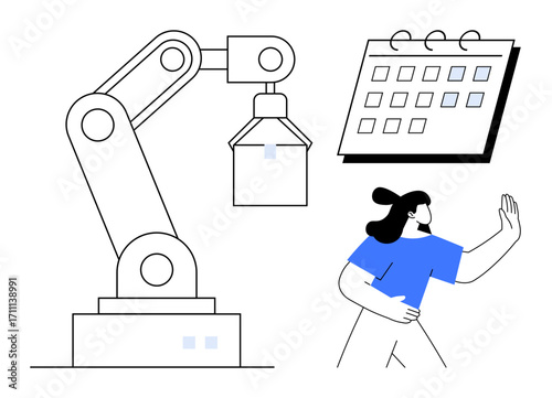 Industrial robot arm performing tasks beside a calendar and a person gesturing. Ideal for automation, robotics, scheduling, technology, workflow optimization, innovation, team collaboration. Simple