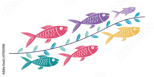 School of colorful fish swimming together isolated on white background