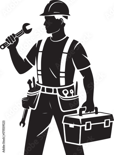Black silhouette of a construction worker holding a wrench and toolbox white