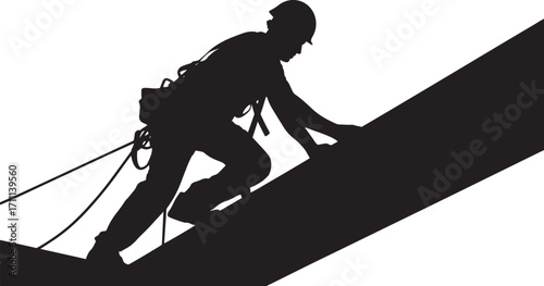 Construction worker climbing steel beam silhouette hard hat