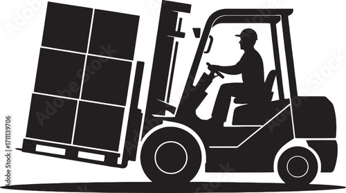 Forklift operator lifting cargo pallet vector