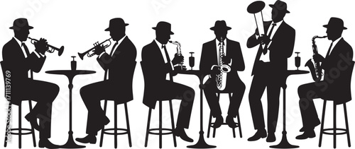 Jazz band musicians playing instruments at tables silhouette black and white