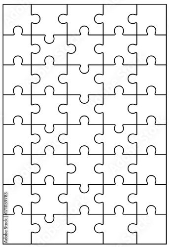 Large jigsaw puzzle template with many small interlocking pieces, outline design for games and educational worksheets