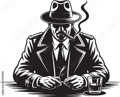 Man in fedora smoking cigar with drink vector