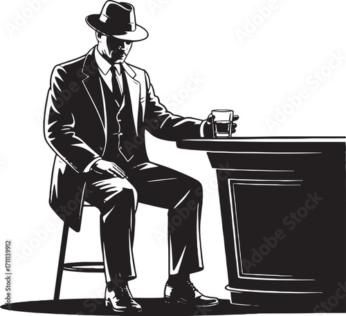 Man in hat and suit holding drink at bar vector