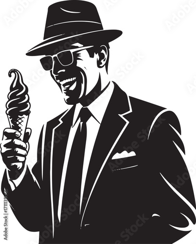 Man in hat and suit holding ice cream cone silhouette black