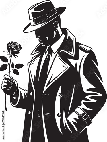 Noir detective holding rose trench coat fedora hat