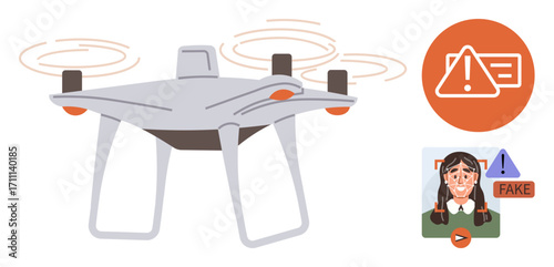 quadcopter hovering, alert sign, and fake face warning icon symbolize surveillance, misinformation, digital safety, and AI ethics. Ideal for technology, security, AI ethics awareness education simple