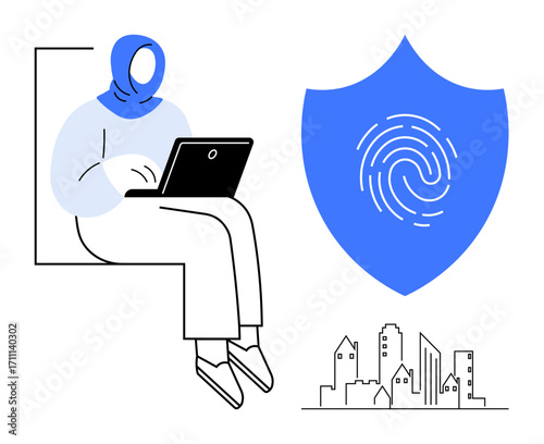 Person using laptop next to shield with fingerprint, symbolizing cybersecurity. City skyline represents urban digital environments. Ideal for data protection, privacy, technology, urban living