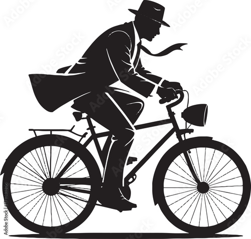 Silhouette man riding bicycle wearing hat and suit vector