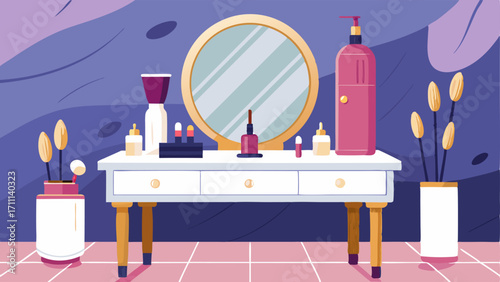 A marbletopped vanity table adorned with gilded perfume bottles and glittering makeup brushes in a posh bathroom.