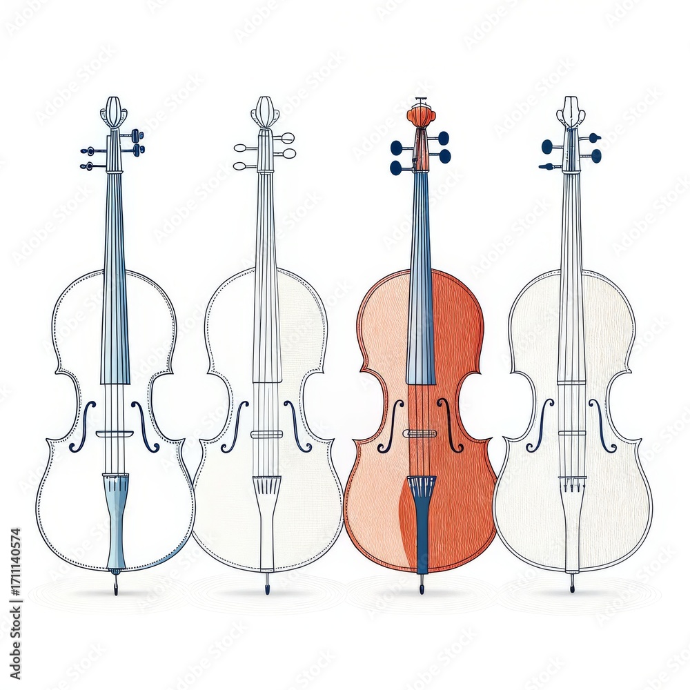 Naklejka premium Four cellos isolated on white background, one is different, concept art