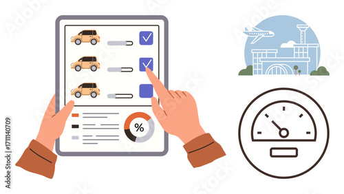 Hands selecting car on checklist with data chart, airport backdrop, speedometer icon. Ideal for car rental, travel services, speed management, transportation planning, airport logistics, trip