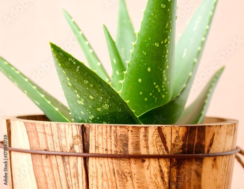 Close-up of a vibrant aloe vera plant in a wooden pot