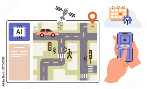 Self-driving car navigating roads using AI, satellite data, traffic signals, and pedestrian detection. Smartphone controls unlock function. Ideal for innovation, automation, mobility, IoT digital