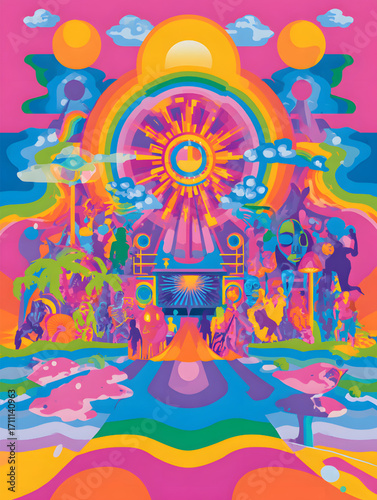 Vibrant Psychedelic Gathering at a Celestial Temple of the Sun.