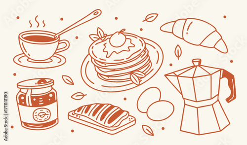 Handdrawn breakfast and coffee elements in a doodle style