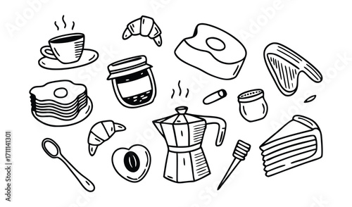 Handdrawn breakfast and dessert doodles isolated on white background