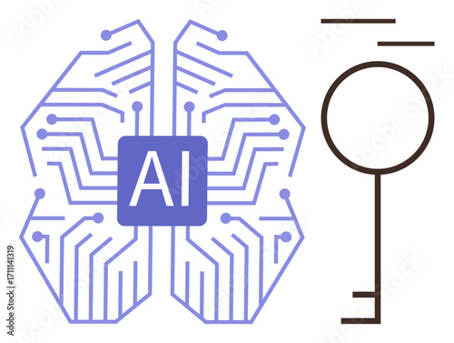 Stylized AI brain with interconnected circuits and key symbol representing artificial intelligence, data security, and innovation. Ideal for technology, AI, security, innovation, future, solutions