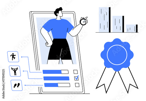 Person emerges from smartphone, fitness activity icons, bar chart, and achievement badge. Ideal for mobile app design, health tracking, gamification, personal growth, goal setting workout analytics