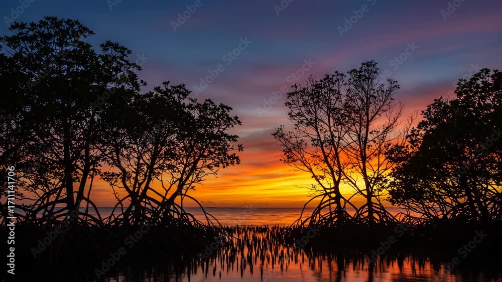 Vibrant Sunset Silhouette Over Mangrove Trees Vibrant Sunset Silhouette Over Mangrove Trees