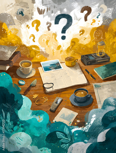 Desk with Notebook Camera and Question Marks.