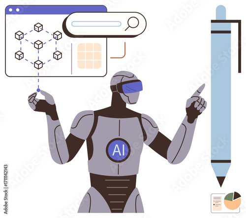 Humanoid robot interacting with data blocks, search interface, large pen, and analytics chart. Ideal for technology, artificial intelligence, innovation, automation, data processing robotics