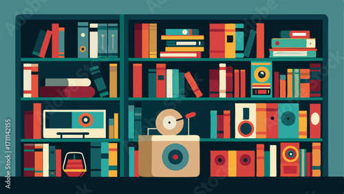 A large bookshelf filled with books of varying sizes and colors artfully arranged next to a vintage record player.