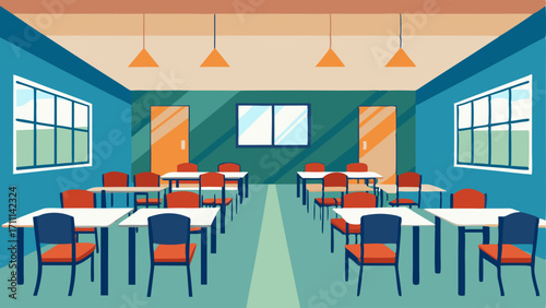 A multipurpose room with tables and chairs ideal for community meetings or events.