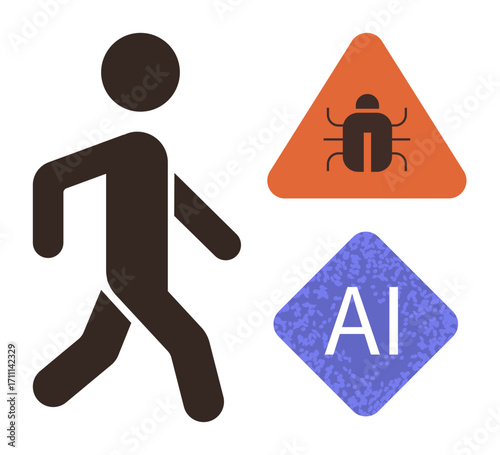Silhouette of a walking human near a bug warning triangle and an AI square. Ideal for technology, artificial intelligence, caution, automation, danger, systems, oversight. Simple flat metaphor