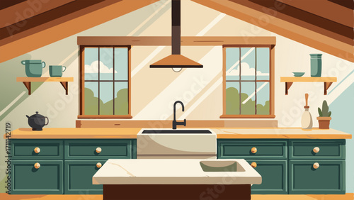 A kitchen with a farmhouse sink marble countertops and exposed wooden beams.
