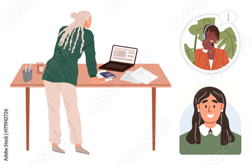 Person leaning over desk with laptop, documents, coffee, phone two others in video call bubbles. Ideal for teamwork, communication, remote work, productivity, multitasking collaboration simple flat