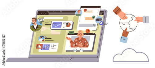 Opened laptop with video conferencing, data sharing tools, team communication, cloud connection, hands assembling puzzle pieces. Ideal for remote work, teamwork, productivity, digital collaboration
