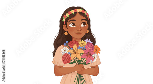 Beautiful Young Woman Holding Colorful Flower Bouquet Wearing Floral Headband and Peach Dress Isolated Transparent Background