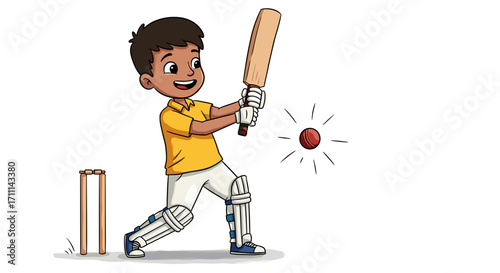 Young Boy Enthusiastically Playing Cricket Sport Batting Ball Action Isolated On Transparent Background