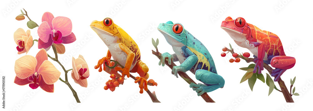 Fototapeta premium Colorful Frogs and Orchids Isolated on Transparent Background in Artistic Style