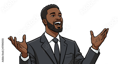 Joyful Excited Businessman Gesturing With Open Hands Isolated on Transparent Background