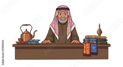 Middle Eastern Man Selling Traditional Textiles Tea and Incense at Market Stall Isolated on Transparent Background