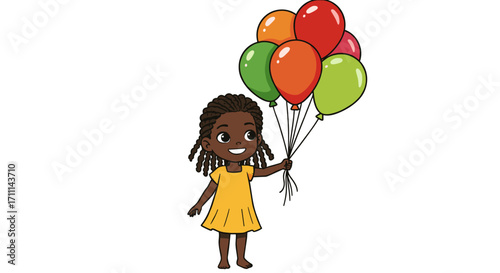 Joyful Young Girl Holding Bright Colorful Balloons Isolated on Transparent Background for Celebration Events