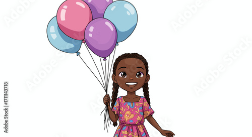 Joyful young Black girl holding a colorful bunch of balloons isolated on transparent background for celebration