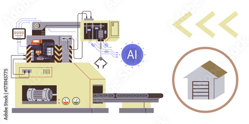 Advanced robotic production system with AI integration, conveyor belt, housing icon. Ideal for technology, manufacturing, automation, productivity, innovation, AI concepts simple flat metaphor