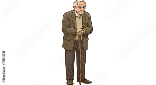 Elderly Man with Cane Standing Smiling Happily Isolated on Transparent Background