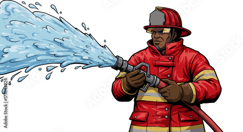 Brave Firefighter in Red Uniform Actively Sprays Powerful Water Stream Isolated on Transparent Background
