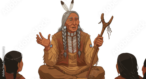 Elderly Native American storyteller shares ancient wisdom with attentive children isolated on transparent background