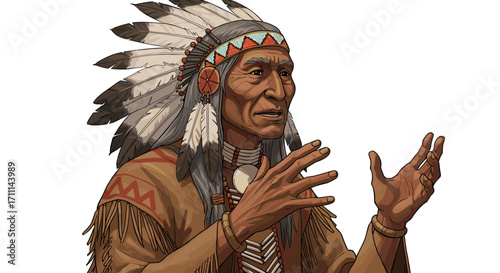Elderly Native American man speaking thoughtfully wearing traditional headdress isolated on transparent background