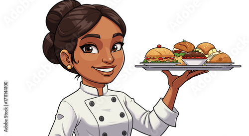 Smiling Chef Woman Serving Delicious Food Variety Isolated Transparent Background Stock